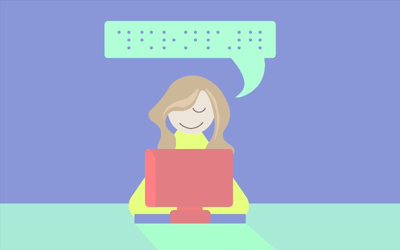 Cartoon of person in front of computer with a text bubble with braille